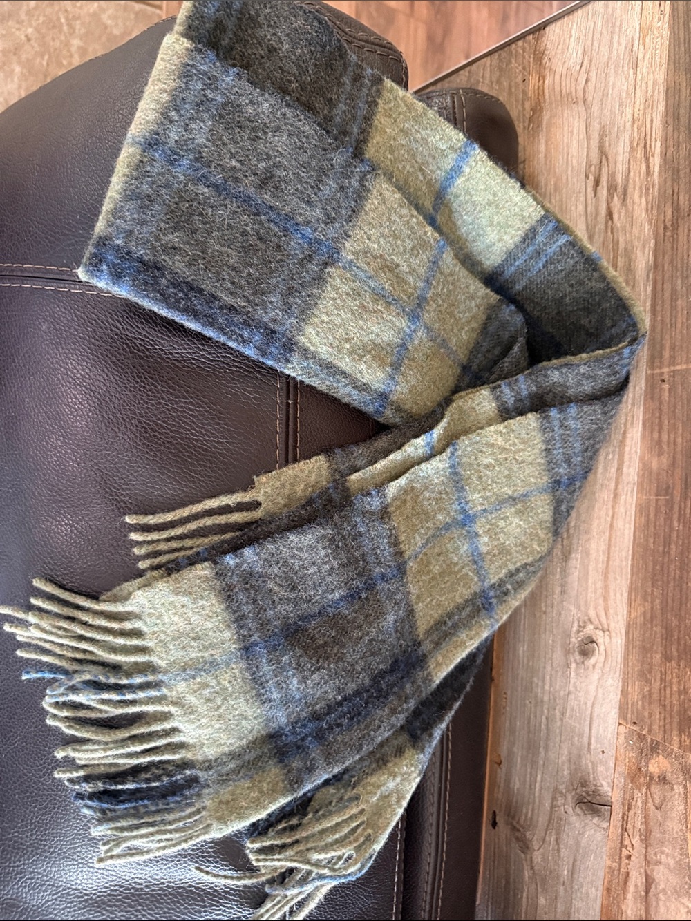 Plaid Wool Blend Scarf in Olive and Gray